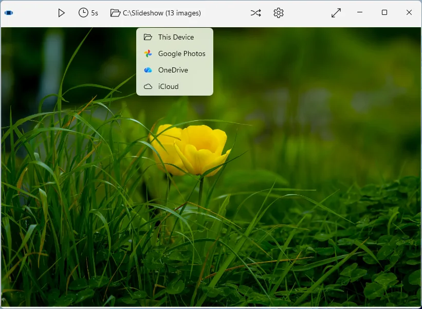 The source menu open in Tiny Slideshow, listing This Device, Google Photos, OneDrive and iCloud.